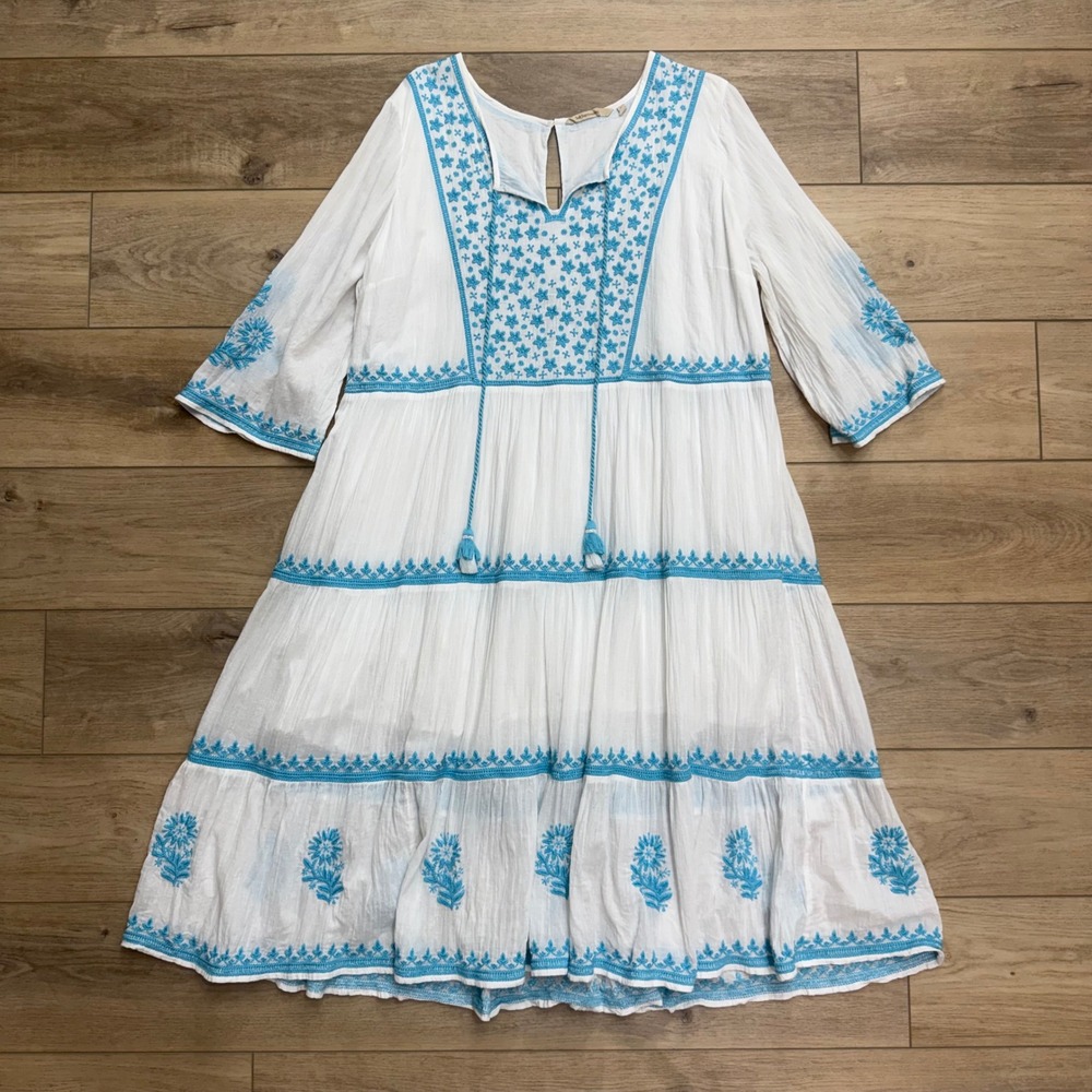 Soft Surroundings Juniper Dress 2X White Blue Embroidered Cotton Gauze Boho